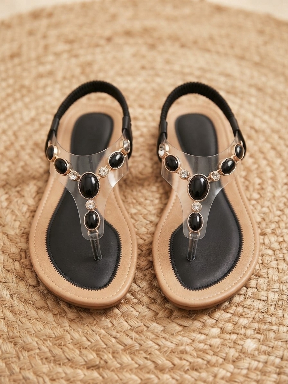 Comfort Gem Clear Thong Sandals in Black and Tan
